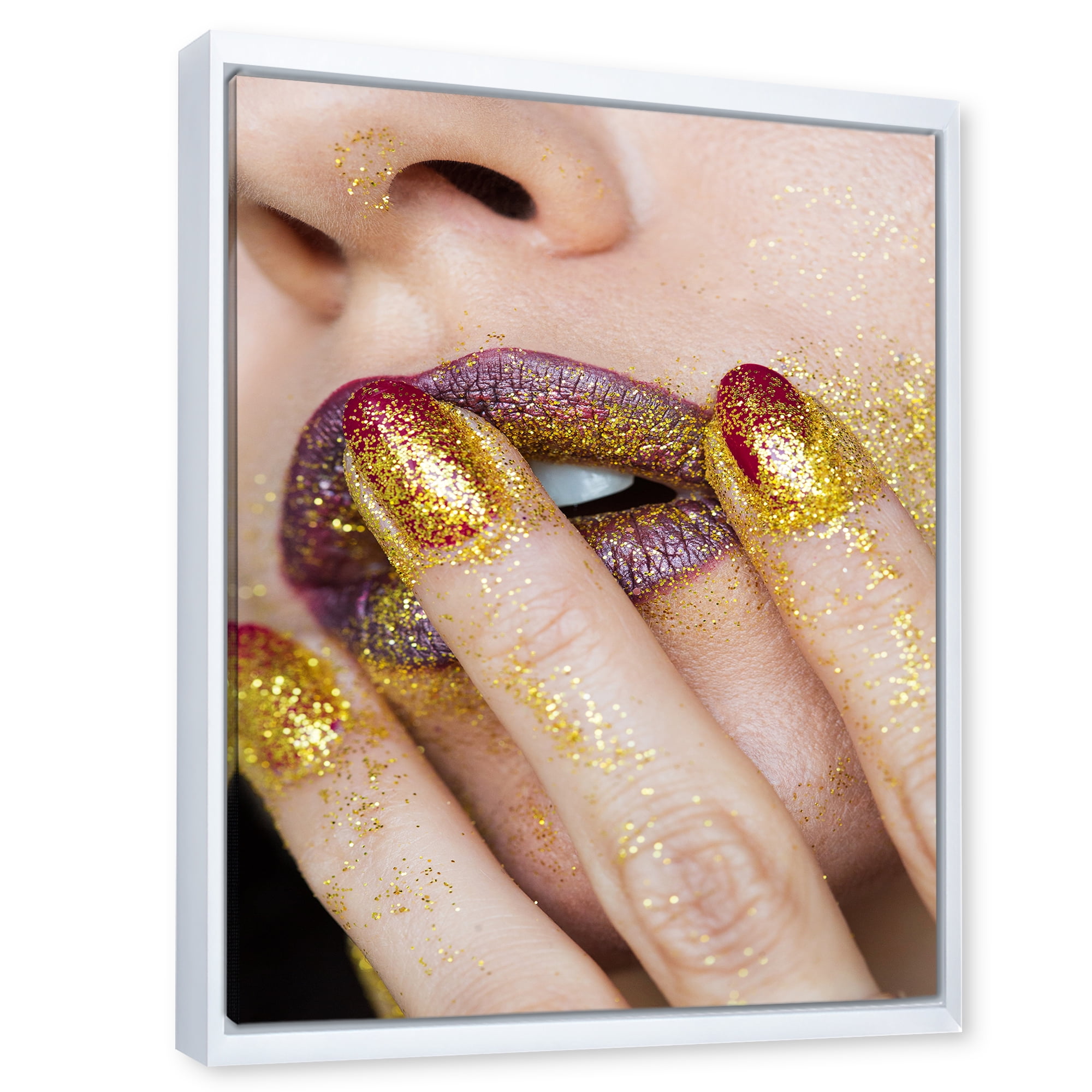Close-Up Of Woman Golden Gold Glitter Lipstick 12 in x 20 in Framed Photography Canvas Art Print, by Designart