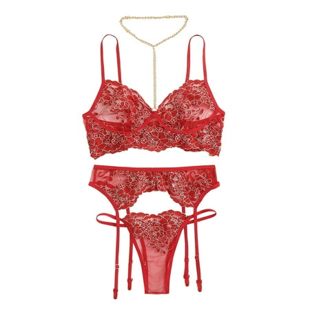 

DNDKILG Women s Sexy Mesh Lingerie Set with Garter Embroidery Bra and Panty Set Nightwear Babydoll 3 Piece L