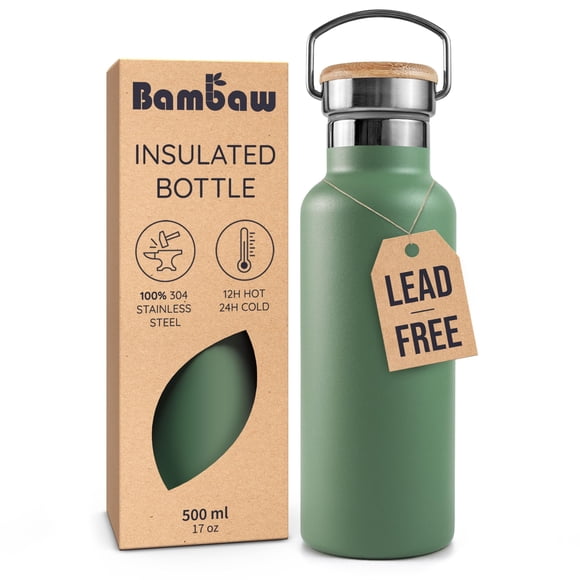 Botella de Agua de Acero Inoxidable Aislada Bambaw de 16 oz con Asa - Botella de Viaje Verde