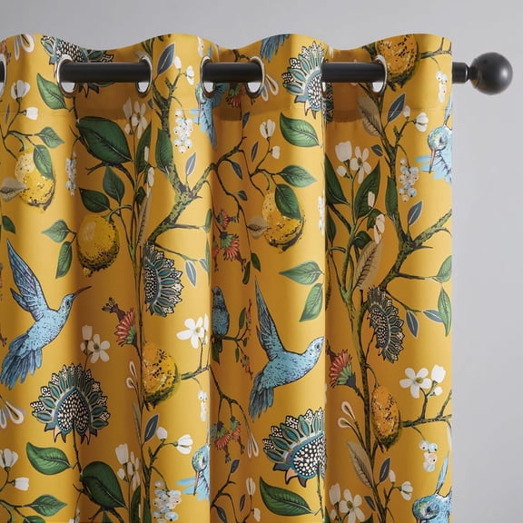 Mustard Yellow Vintage Curtains & Drapes 84 Inches Long, Grommet Luxury Whimsical Floral Lemon Hummingbird Patterned Waverly Mid Century Colorful Blackout Drapes for Living Room Bedroom