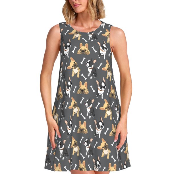 Fotbe Bulldog Print Vestido de Verano sin Mangas para Mujer – Vestido Midi Línea A, Estilo Camiseta Floral, Vestido Playero Casual y Fluido