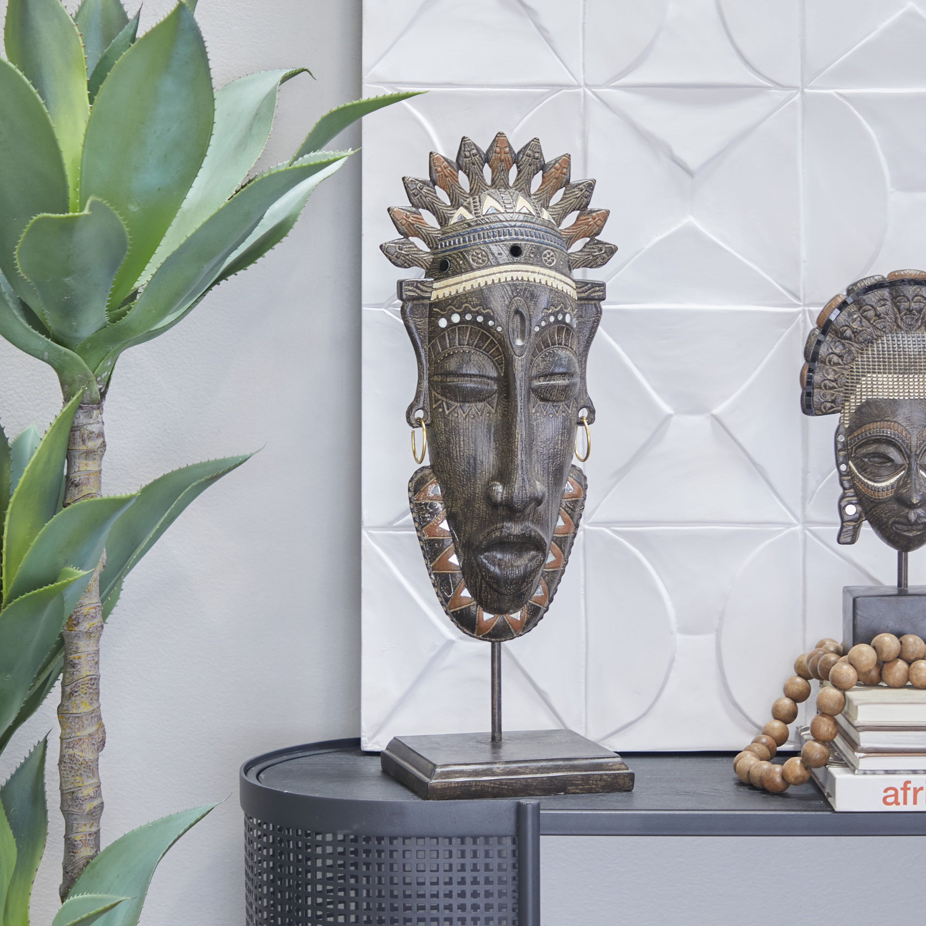 DecMode Brown Polystone African Mask Sculpture - Tribal Decor