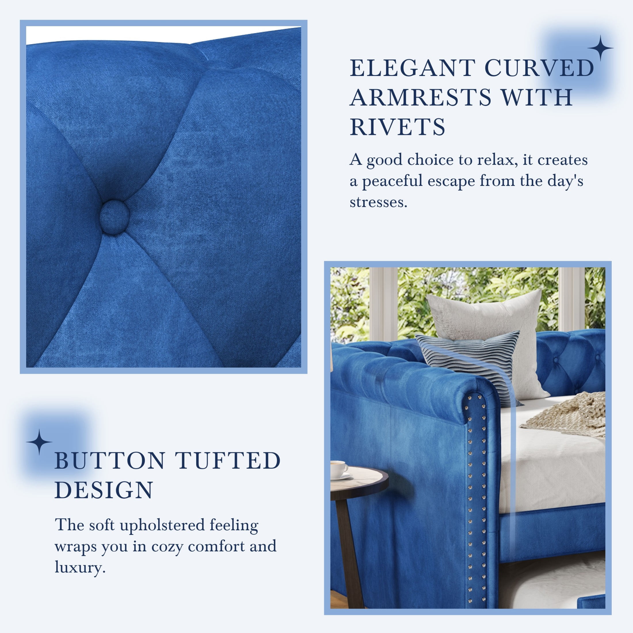 Christopher Knight Home Velvet Upholstered Daybed with Trundle, Modern Tufted Button Design, Blue
