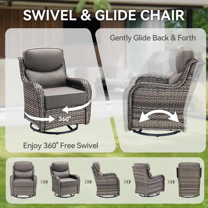PARKWELL 5 Piece Outdoor Patio Furniture Set,All-Weather High Back Conversation Set with Luxury 6-Inch Thick Cushions,Swivel Glider Chair,7-Seat Furniture Sets for Garden, Deck, Backyard,Gray/Gray