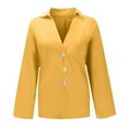 thumbnail image 4 of FRSASU Plus Size Long Sleeved Shirt Women's Solid Color Tops Long Sleeved Loose Cotton and Linen Loose Shirt Blouse V-Neck Tops Yellow 6(M), 4 of 7