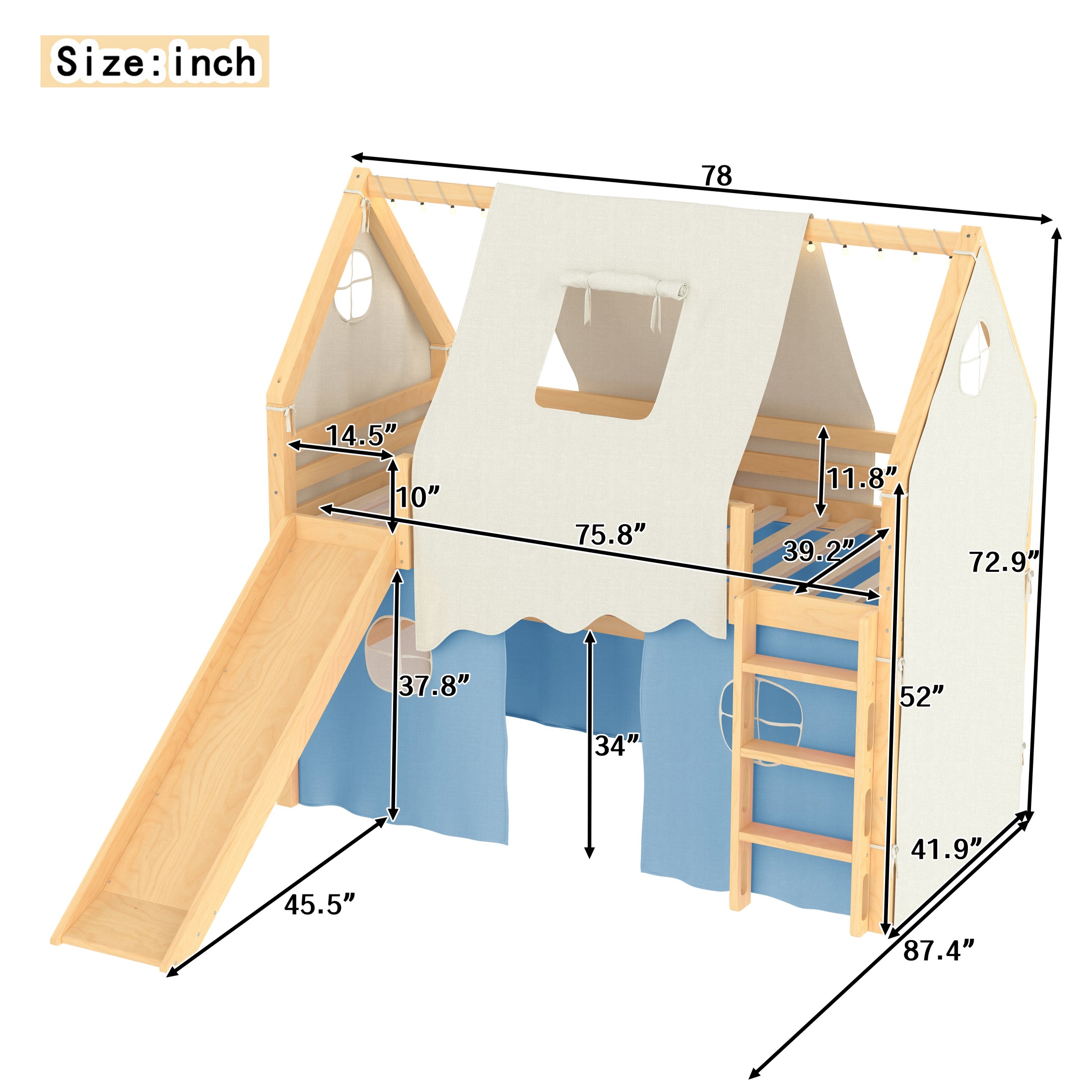 Aukfa Twin Size Loft Bed with Slide, Tent, Sills & LED Lights, Solid Wood House Loft Bed for Kids, Blue