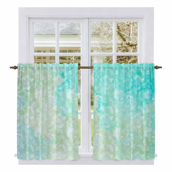 Aqua Green Tier Curtains, Watercolor Colorful Ombre Abstract Floral Art Light Filtering Kitchen Curtains, 2Pcs Rod Pocket Half Window Treatments Panels for Sink Cafe Cabinet Basement 27.5x45 Inches