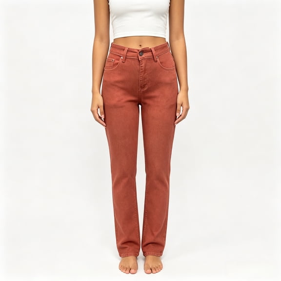 Women's High Waist Rust Straight Leg Jeans with Pockets, Stretch Casual Long Denim Pants