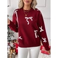thumbnail image 3 of Women's Crew Neck Bow Jacquard Knit Sweater, Drop Shoulder Long Sleeve Loose Pullover Top for Christmas Holiday, 3 of 11