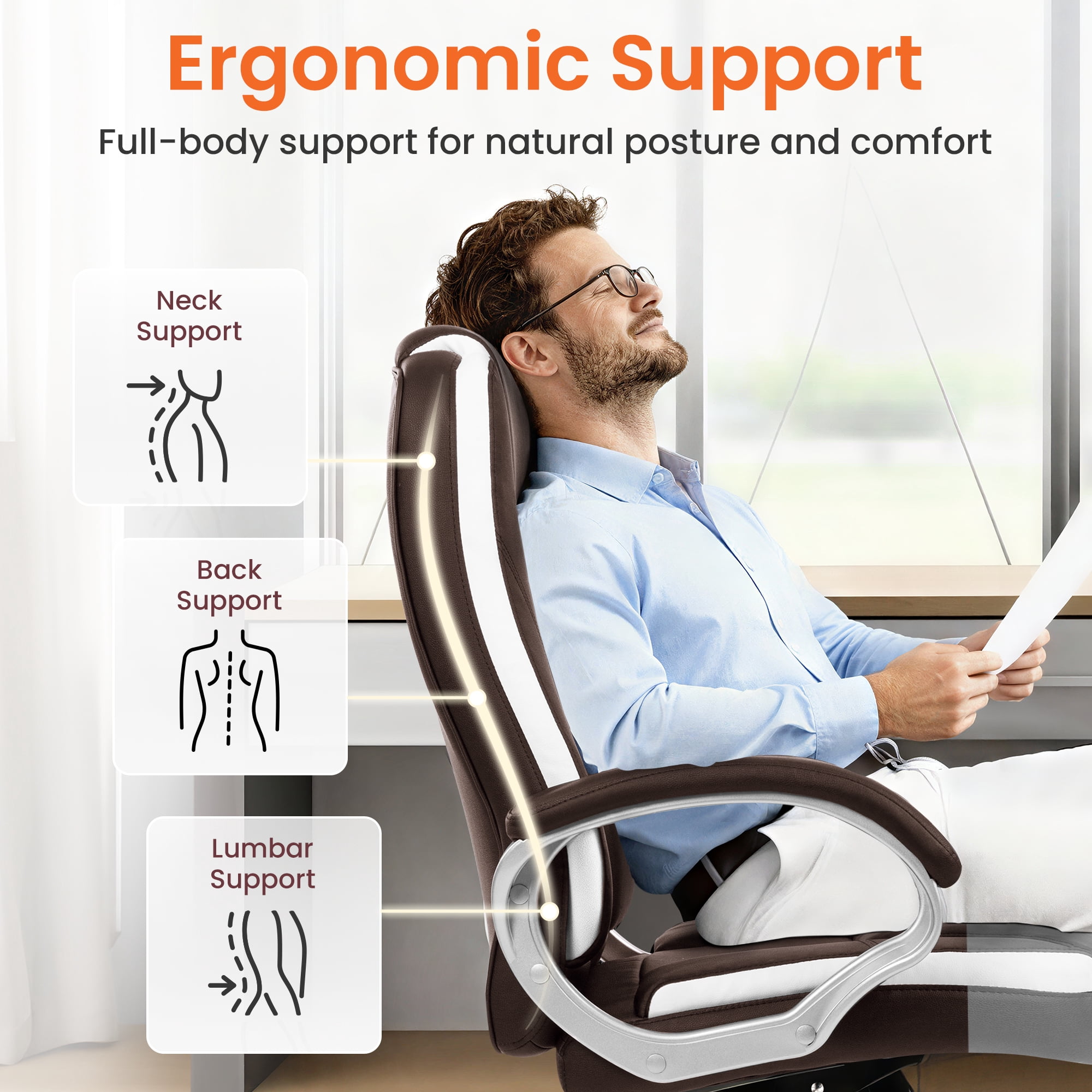 NEO CHAIR Home Office Chair, Heavy Duty Leather Office Chair, Ergonomic High Back Cushion Lumbar Back Support, Computer Desk Executive Chair for Work, 8 Hours Comfort, Brown