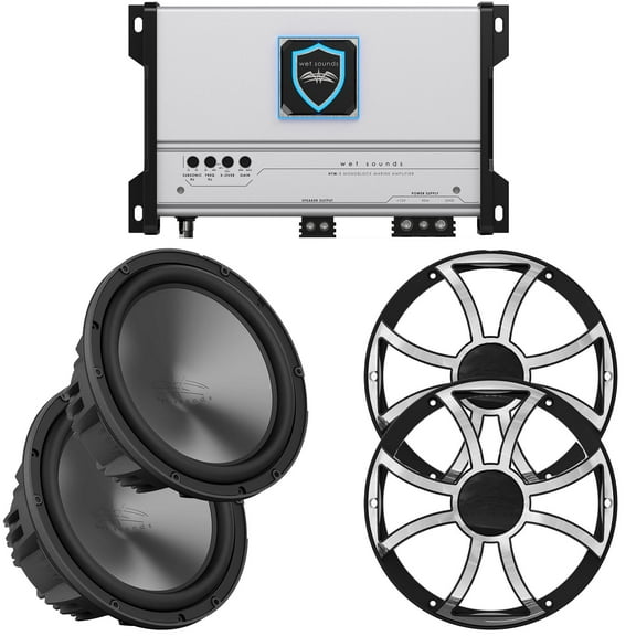 Wet Sounds HTM-1 - HTM Series Full-Range Class-D 1200 Watt at 1-Ohm Mono Amplifier with (2) REVO-10-FA-S4 10" Woofer Single 4 OHM and (2) REVO-10-XS-B-SS-GRILLE White Stainless Grille