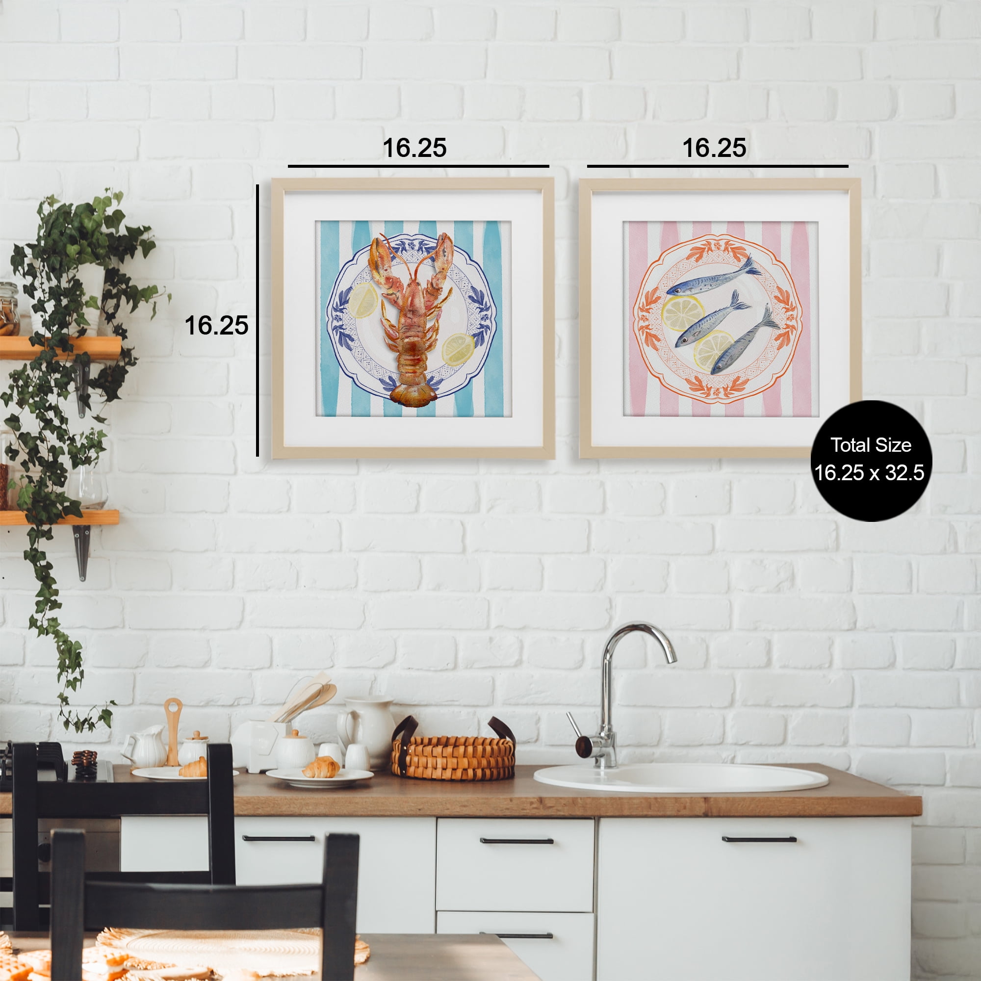 Stupell Industries Lobster & Sardines Plates 2 Piece Birch Framed Print Under Glass Set, design by Christie Adams