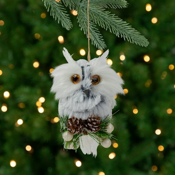 Northlight 6" White Owl with Pinecones and Berries Christmas Ornament