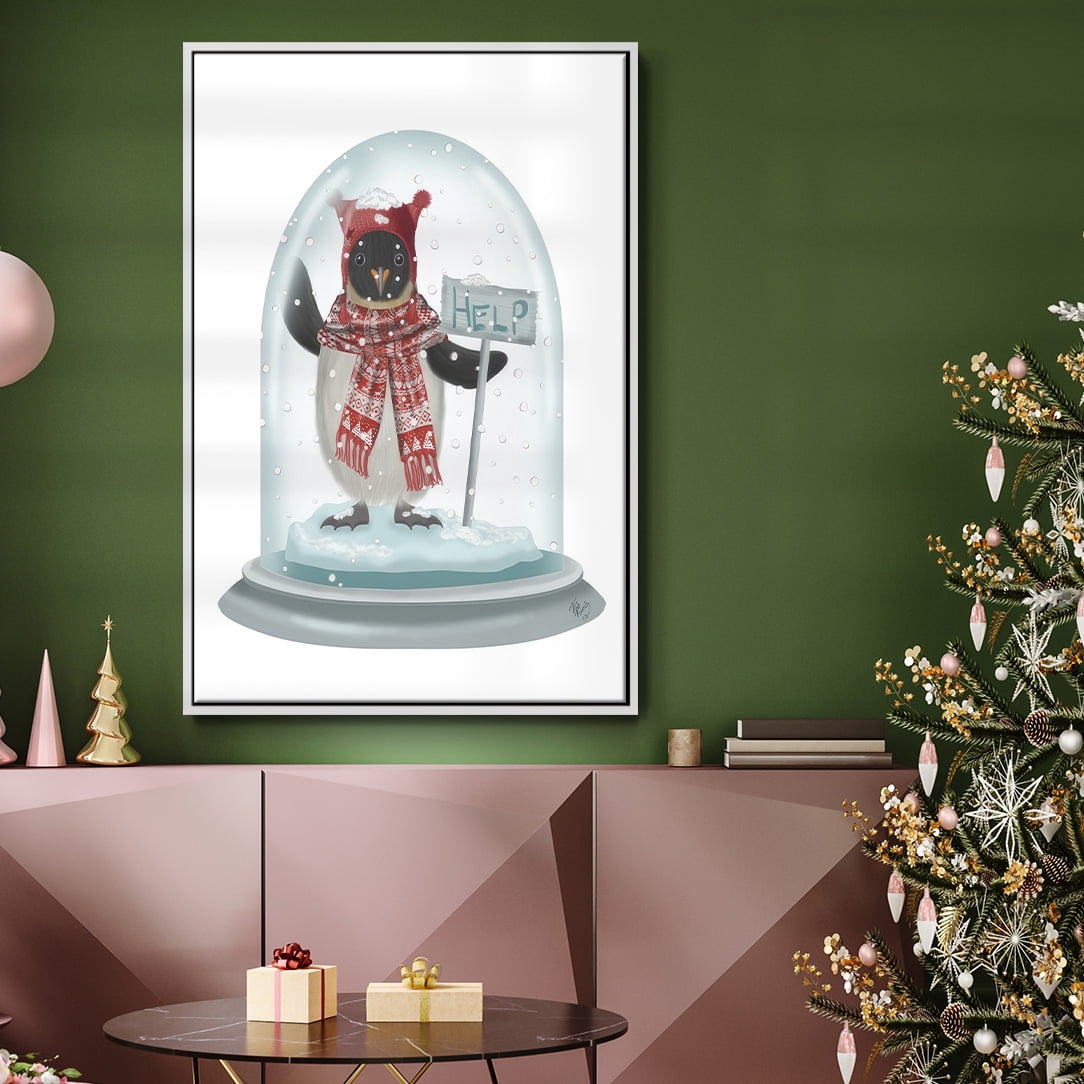 Christmas Penguin Snow Globe - Framed Gallery Wrapped Holiday Canvas - 17 x 25 - White Frame