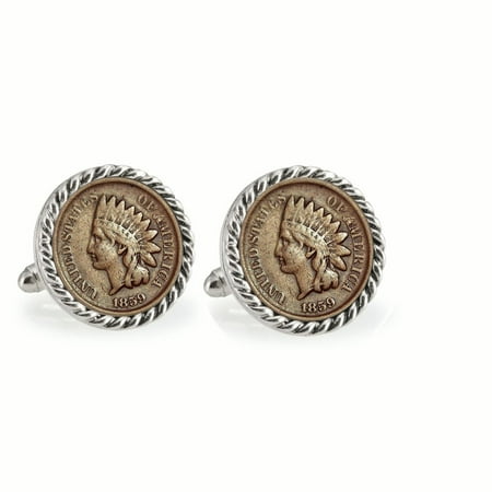 1859 First-Year Indian Head Penny Silvertone Rope Bezel Cufflinks