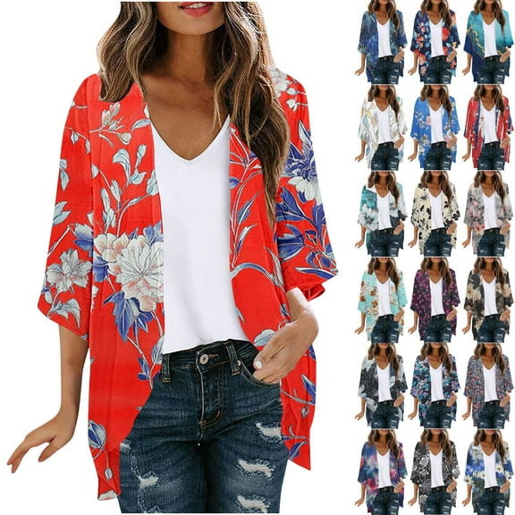 DDAPJ pyju Kimono Cardigans for Women Lightweight Open Front Chiffon Blouse Tops Beach Swimsuit Cover Up 3/4 Puff Sleeve Boho Floral Cardigan Prime Sales Purple L