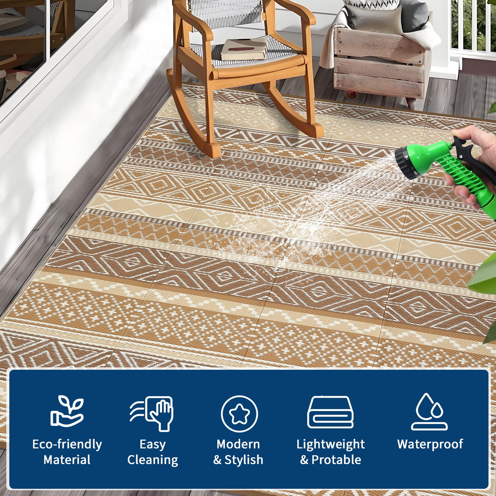 HIWEAVER 10' x 14' Camel Outdoor Rug PP Plastic Straw Woven Waterproof Patio Rug with Border Portable Outside Carpet for Balcony Deck Picnic Garden Decor