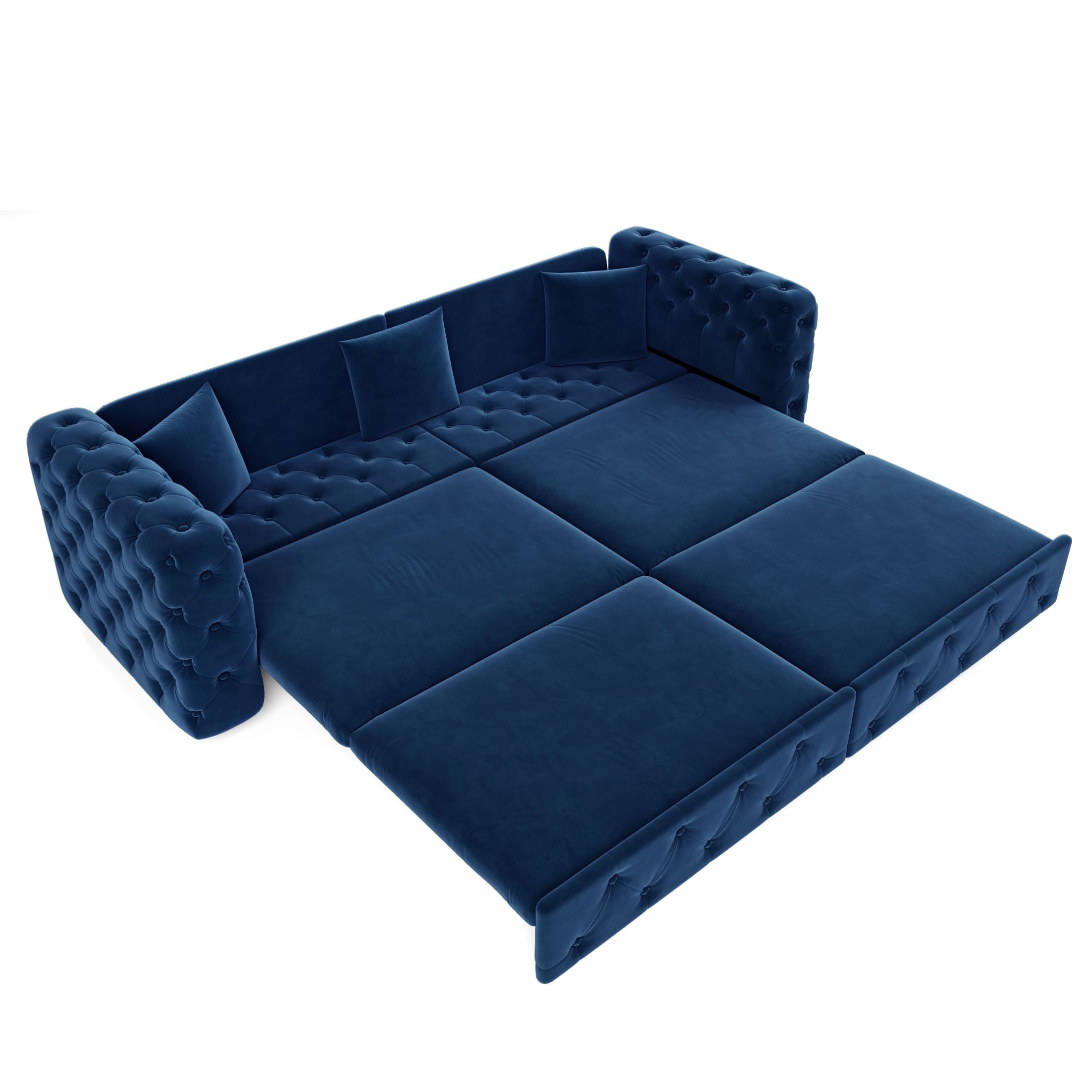 Noble House Belric 4-Seater Velvet Chesterfield Pull-Out Sofa Bed, Multifunctional 3-in-1 Tufted Sleeper Couch, Blue