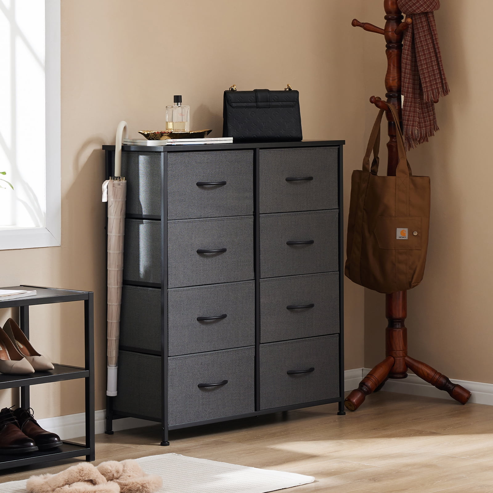 Aidoly Dresser for Bedroom, 8 Storage Drawers, Anti-Tip Fabric Closet Chests Organizer Tower Furniture with Wooden Top Metal Frame for Clothes, Living Room, Hallway, Entryway, Grey