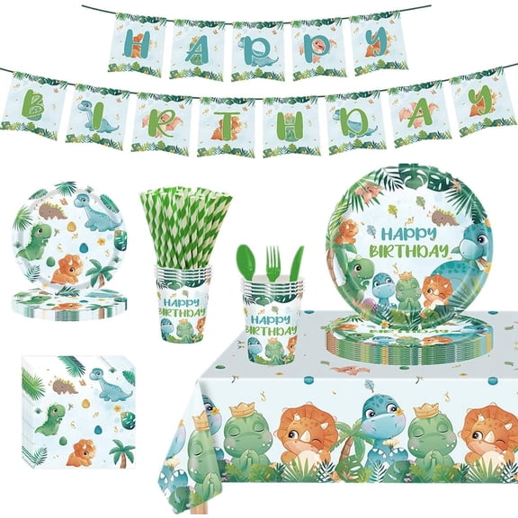 134 Pcs Watercolor Dinosaur Party Supplies Decorations, Disposable Dinosaur Party Tableware for Kids Boys Birthday Includes Dinner Dessert Plates Napkins Straw Tablecloth Forks Cups, Serves 16 Guests