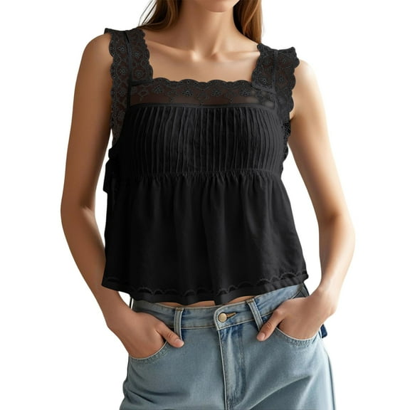Gyexs Womens Flower Tanks Tops Trendy 2025 Lace Trimmed Round Neck Top Summer Everyday Wear Cropped Vest (Black, L)