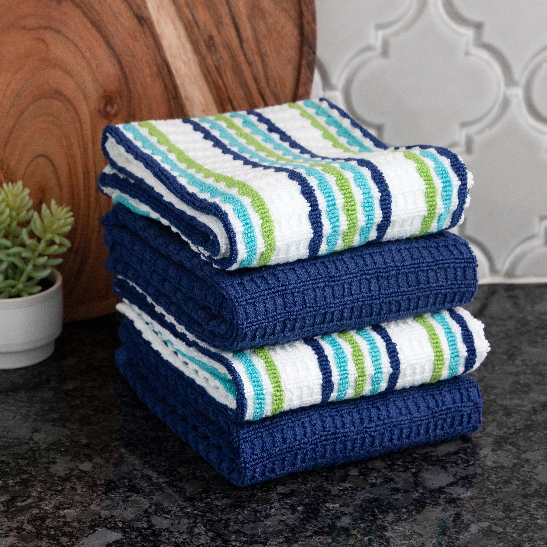 T-Fal Solid & Stripe Premium Kitchen Towels, 4-Pack, Blue