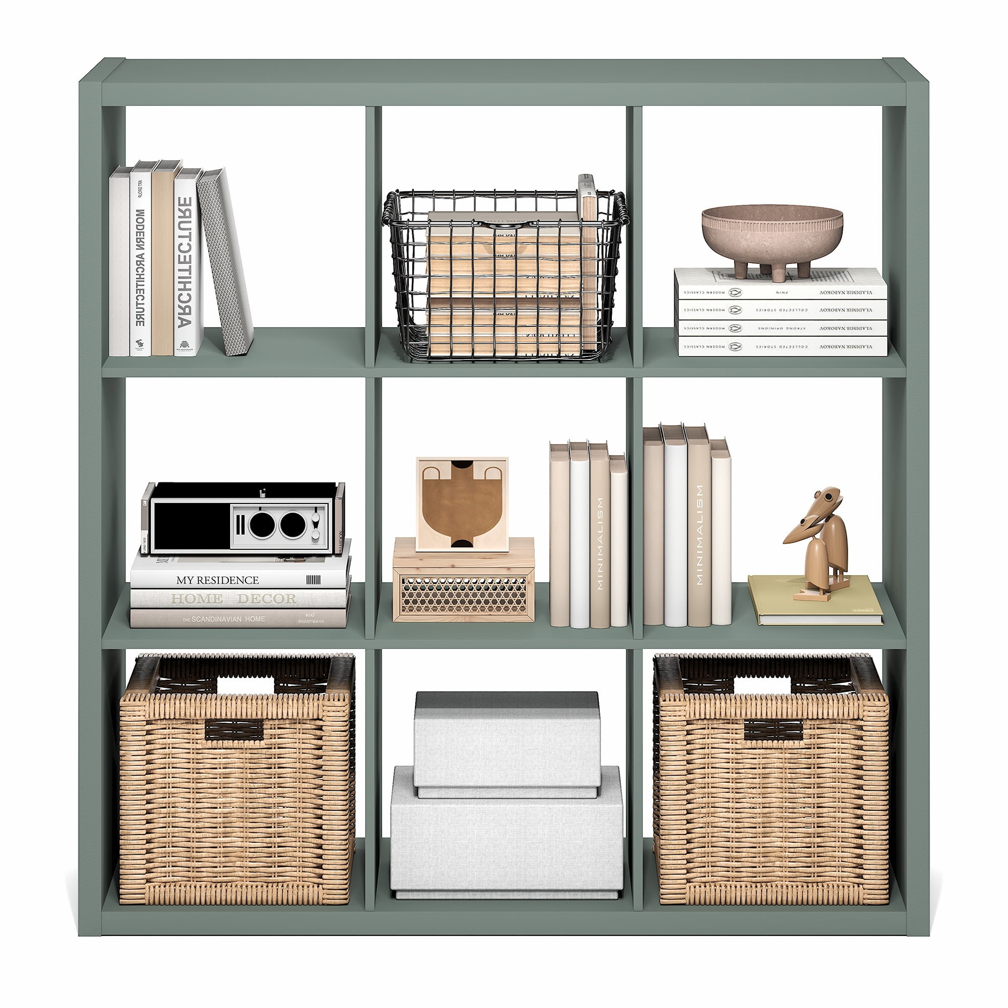 Furinno CUBICLE Book Shelf, 9-Cube Thick Frame Bookshelf, Reversible Bookcase with Open Back, 14.6" x 43.8" x 43.8", for Living Room, Bedroom, Home Office, Sage Green