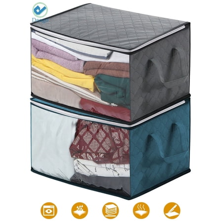 Deago 2 Pack Large Capacity Clothes Storage Bag Organizer for Comforters Blankets Bedding Foldable with Durable Zipper Handle Clear Window Thick Fabric 47L Grey