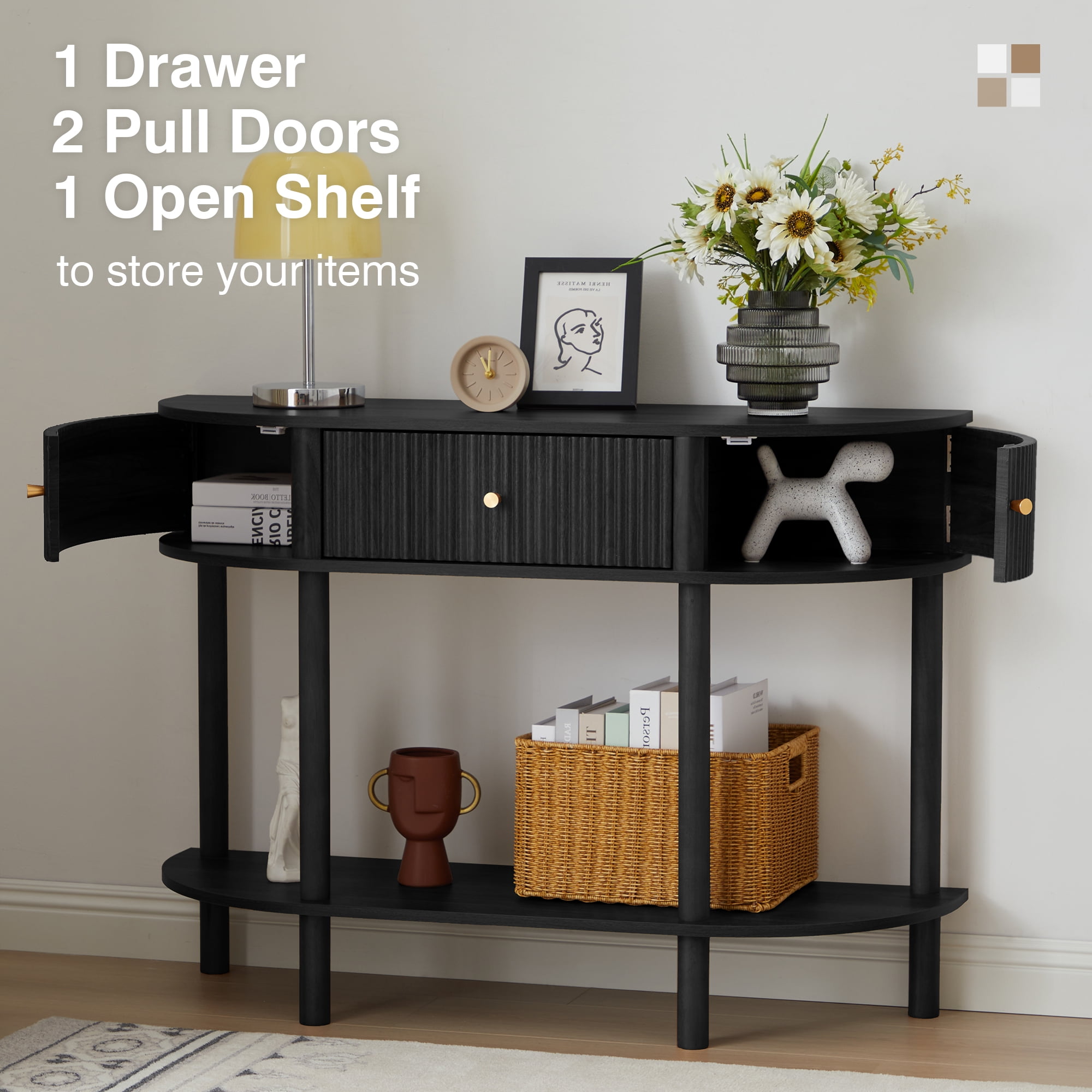 PHOYAL Fluted Half Oval Console Table with Drawers and Storage, Wooden Semi Elliptic End table with Shelf for Living Room, Half Round Side Table for Entryway Hallway, Black