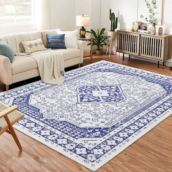 5x7 Area Rug, Washable Rug for Living Room, Stain Resistant Kitchen Rugs with Non Slip Backing, Ultra-Thin Front Door Mat, Vintage Soft Accent Rug, Room Decor Carpet, Blue