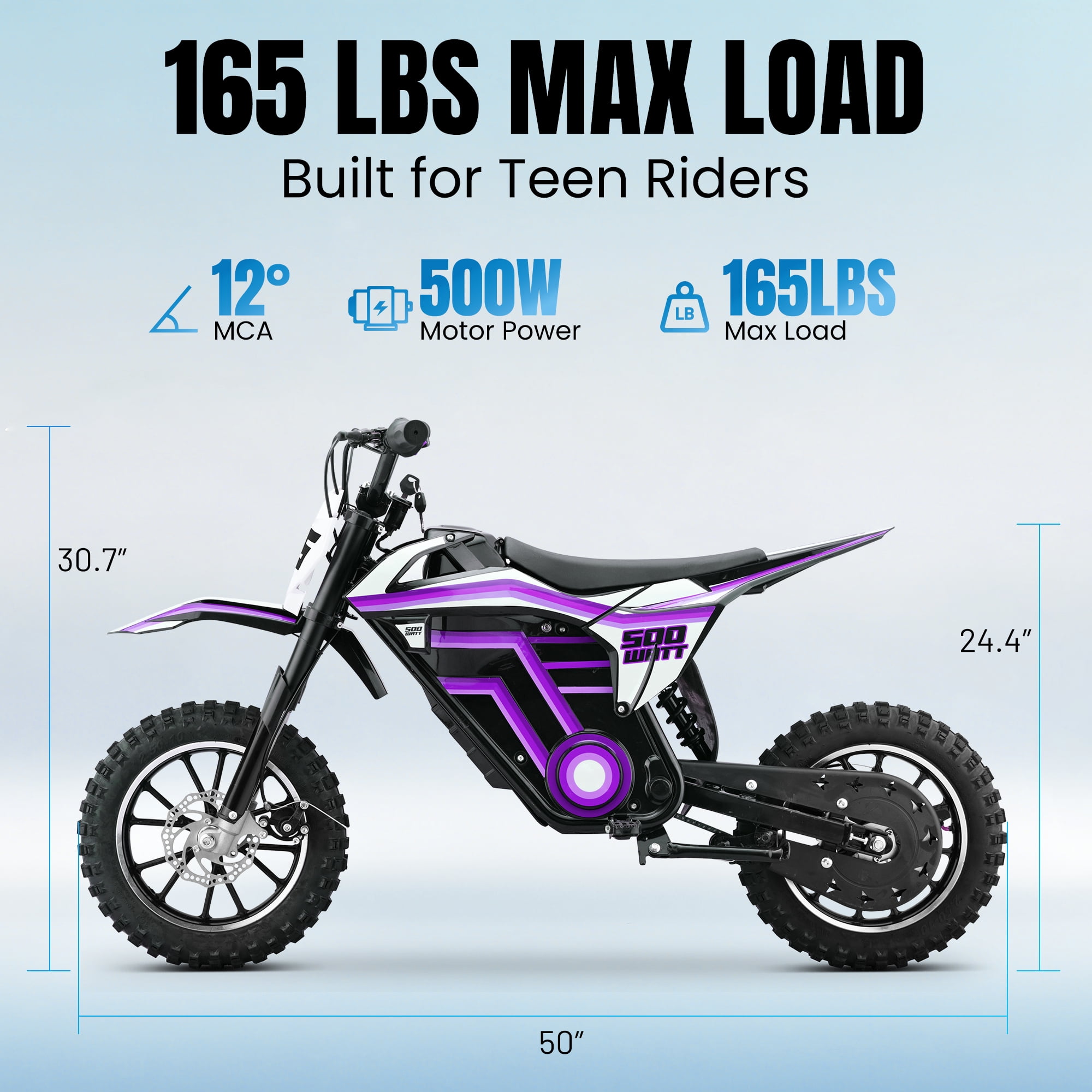 QEASET electric dirt bike, 500W kids dirt bike for Boys Girls Age 8-14, Purple