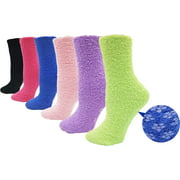 Non-Slip Hospital Fuzzy Socks, 6 Pairs Women Men, Non-Skid Gripper House Bulk Pack (Assorted Solids)
