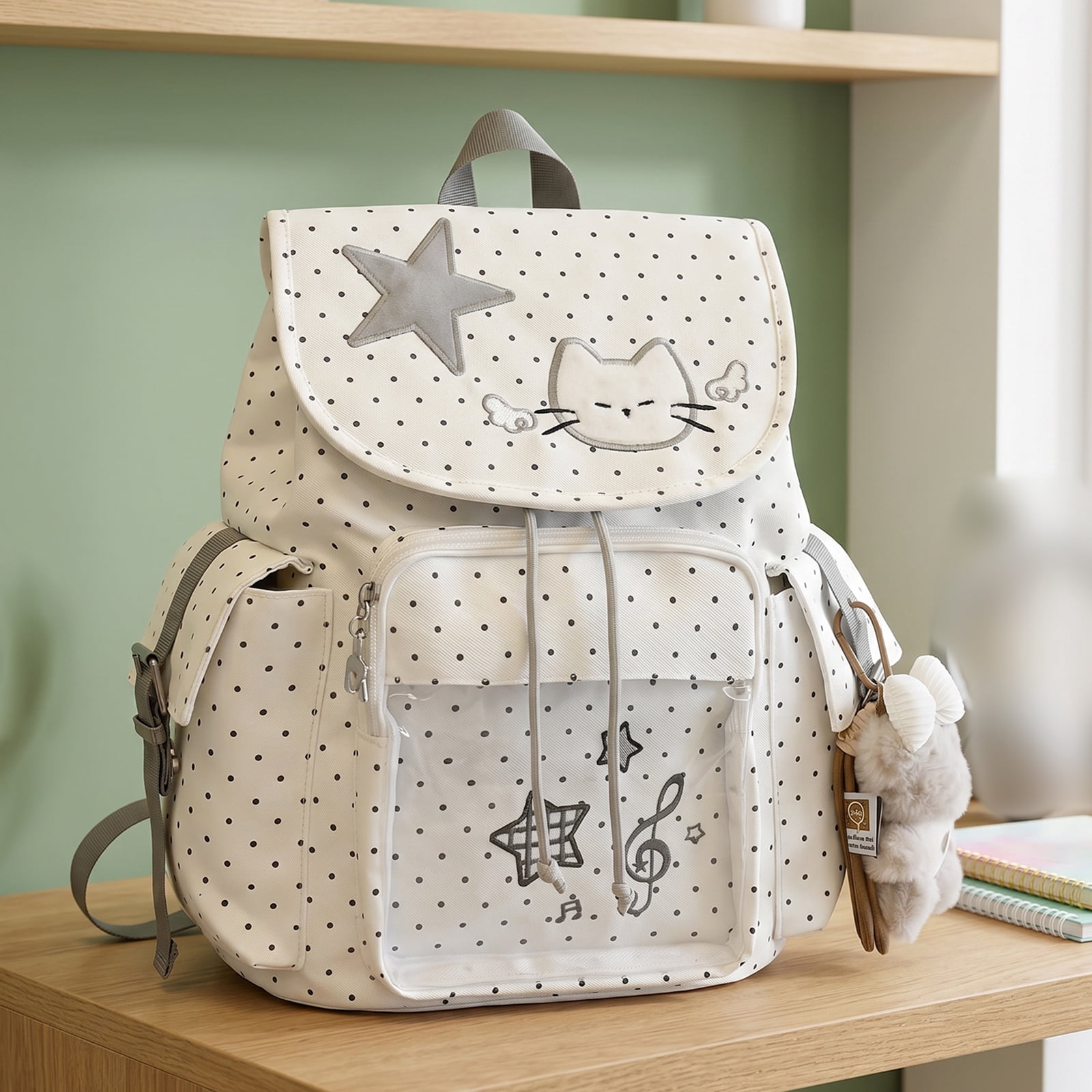 HUISZJ Polka Dot Cat School Backpack, Drawstring Schoolbag with Pendant, Large Capacity Laptop Backpack for Students College Travel, White