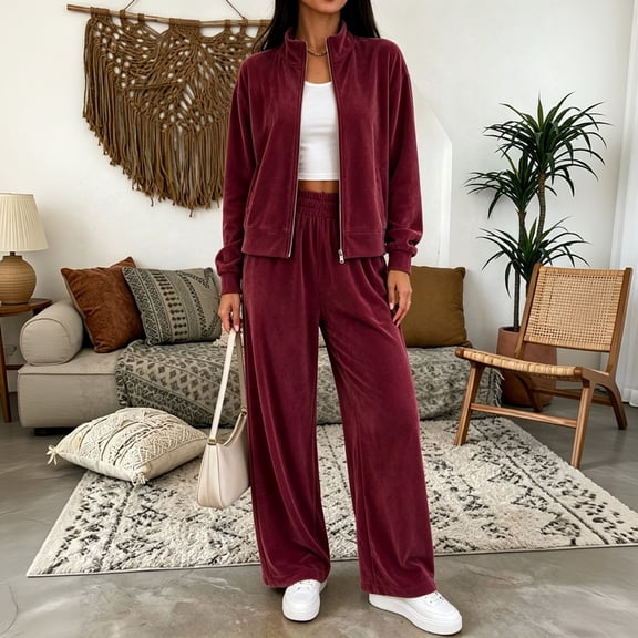 Women's Velour Tracksuit 2 Piece Matching Set Zip‑Up Mock Neck Jacket And Wide Leg Pants Cozy Athleisure Outfit For Airport Travel Lounge Fall Daily Wear