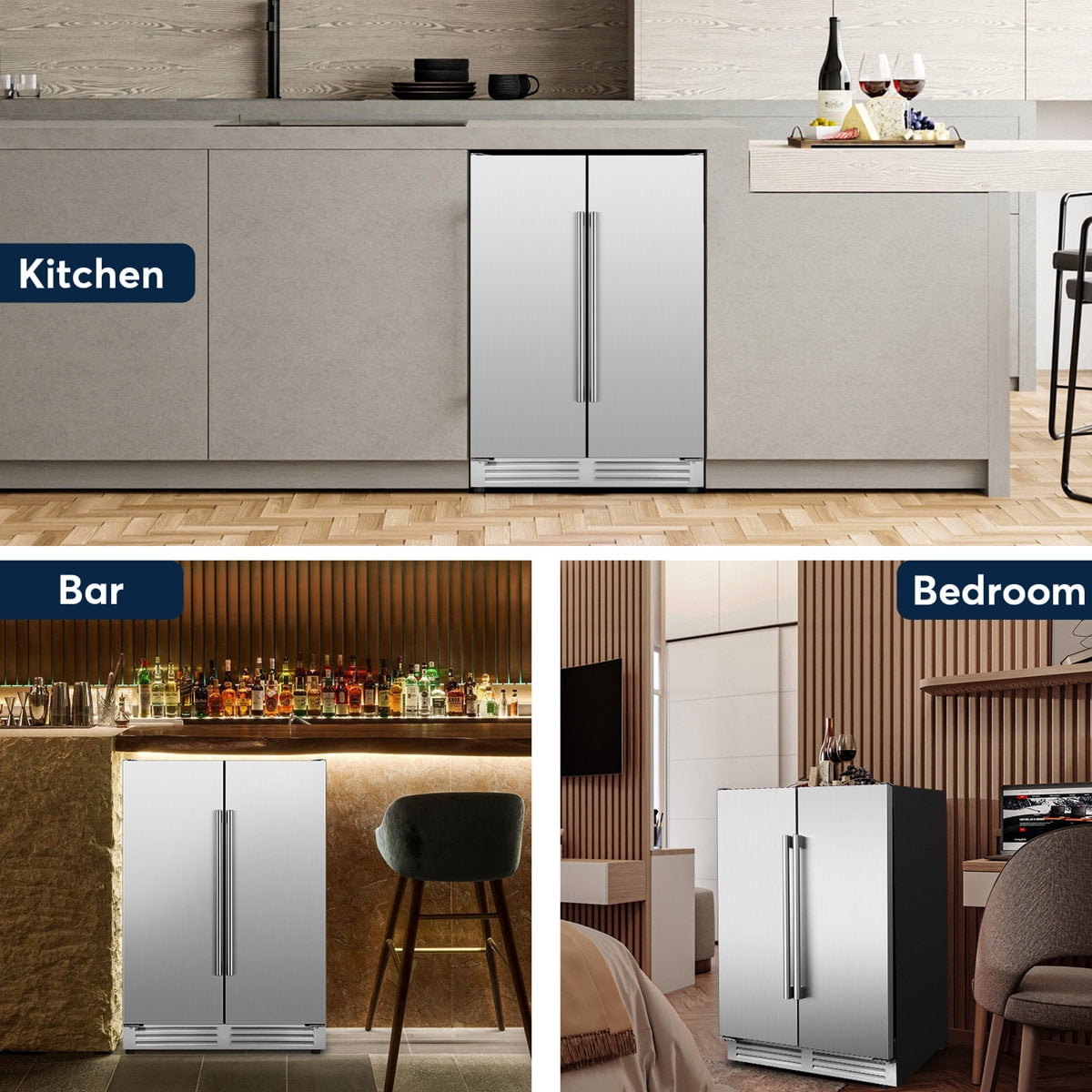 24" Silver Beverage Refrigerator with French Doors 150-Can Capacity, Built-in or Freestanding Beer and Drink Cooler