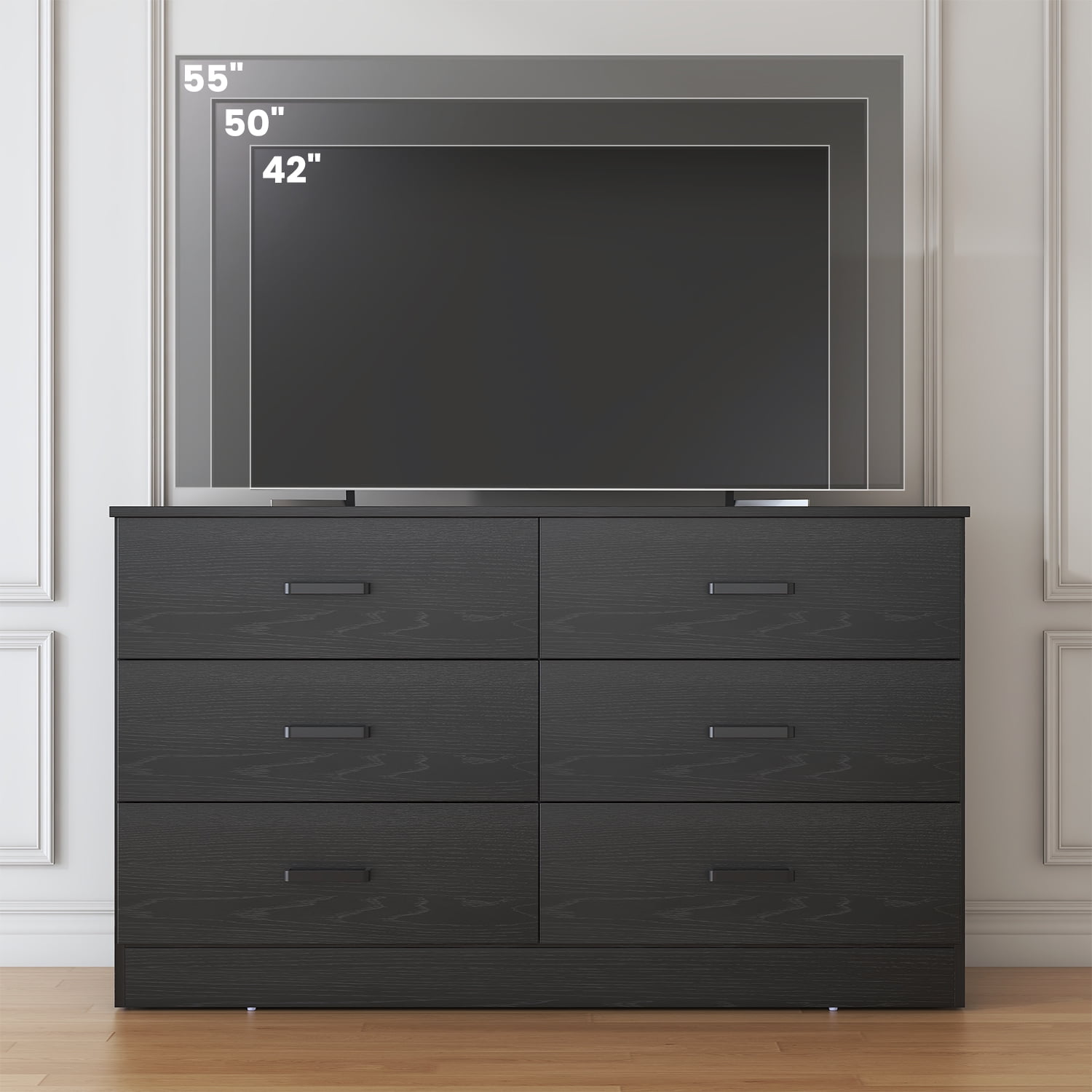 Winkalon 6 Drawer Black Double Dresser,Wood Storage Cabinet with Easy Pull Out Handles for Living Room,Chest of Drawers for Bedroom