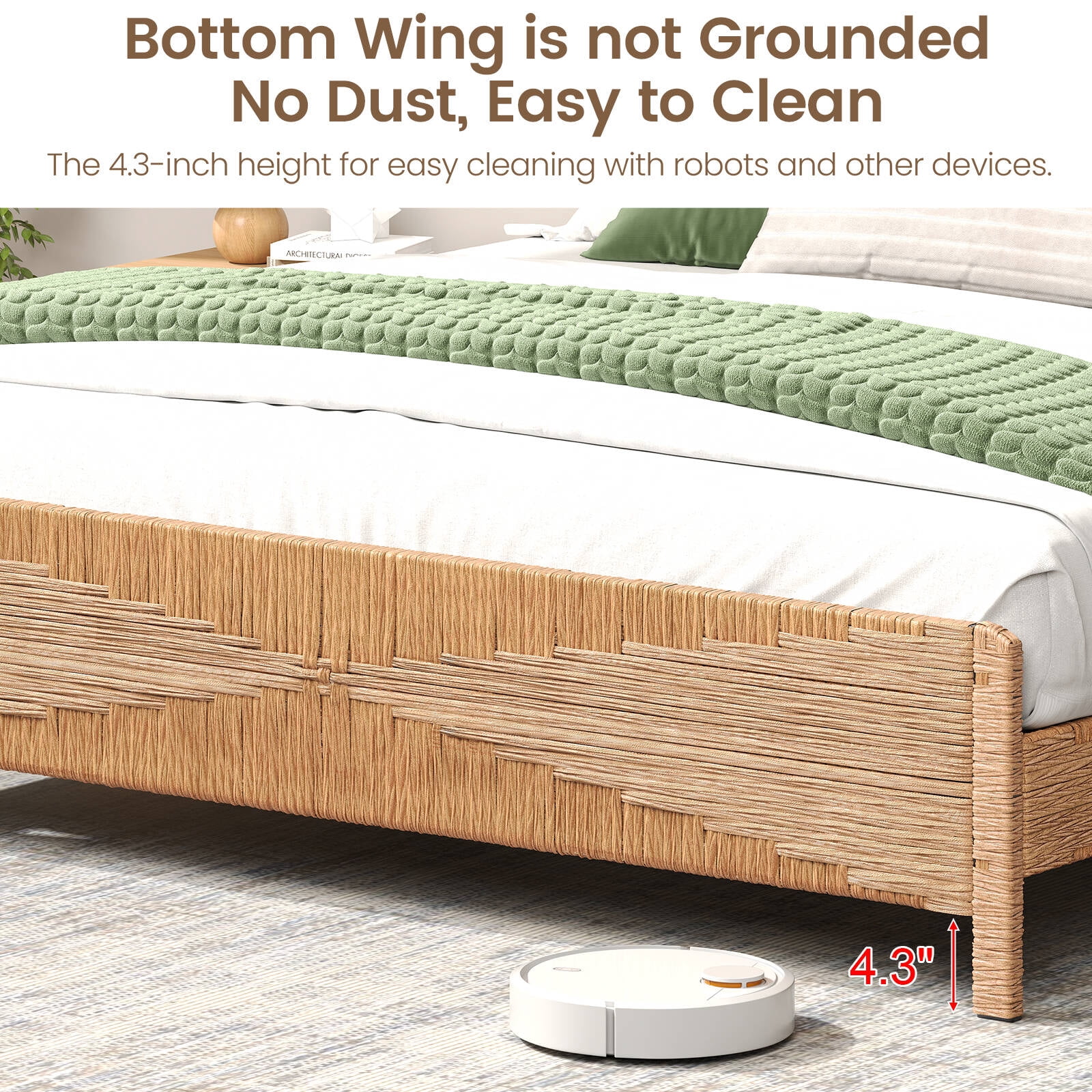 Brafabhome Bohemian King Bed Frame with Hand-Woven PE Rattan Headboard and Footboard, No Box Spring Needed, 1000lbs