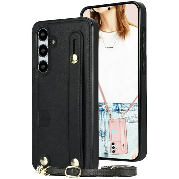 CCSmall Crossbody Case for Samsung Galaxy S25 with Card Slot Holder for Women, Removable Adjustable Shoulder Strap Lanyard with Wristband Kickstand Phone Cover Case for Samsung S25 KB Black