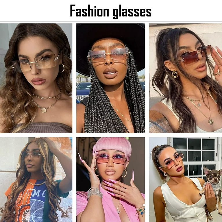 Retro Rimless Rectangle Sunglasses for Women Men Tinted Lens Gold