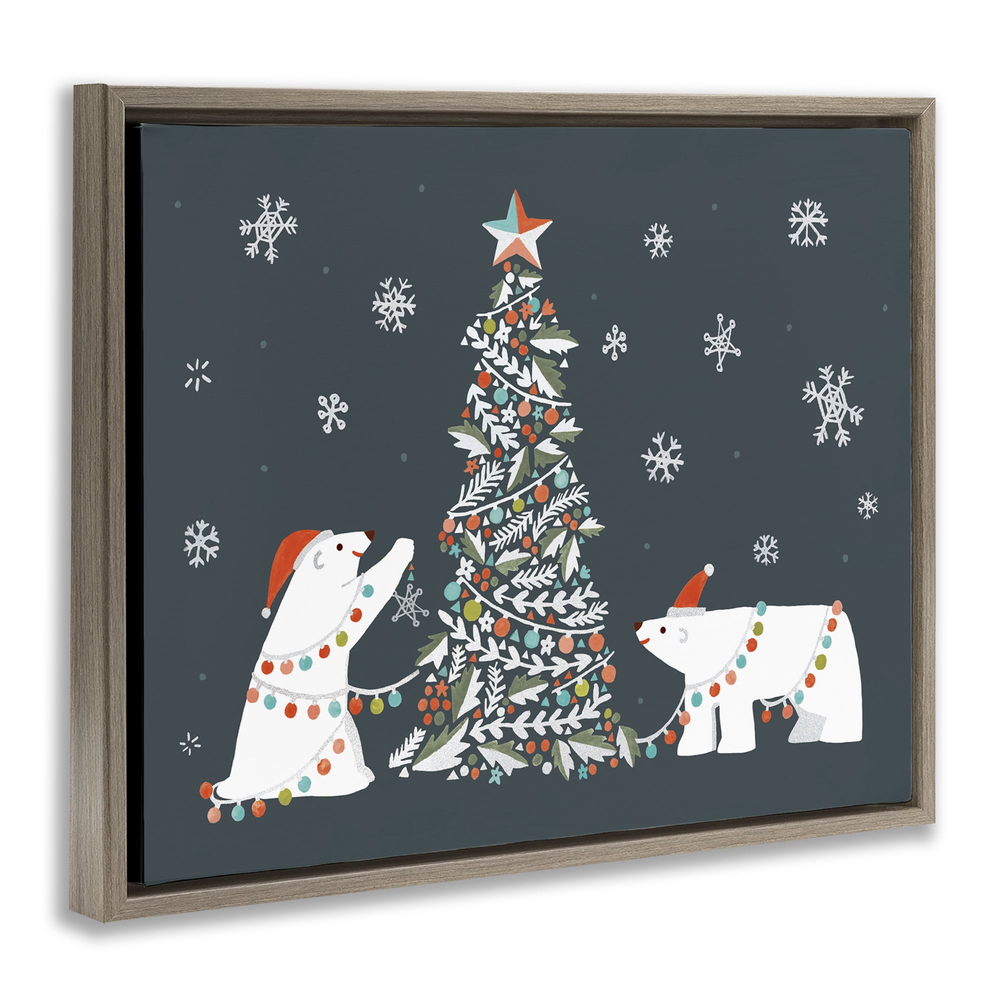 Stupell Industries Polar Bears with Christmas Tree Holiday Painting Brown Floater Framed Canvas Art Prints Wall Art, 31 x 25