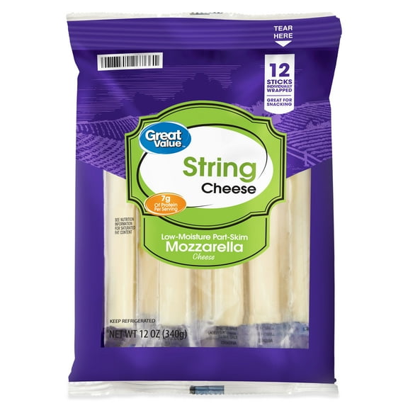 Great Value Low-Moisture Part-Skim Mozzarella String Cheese Snack, 12 oz, 12 Count