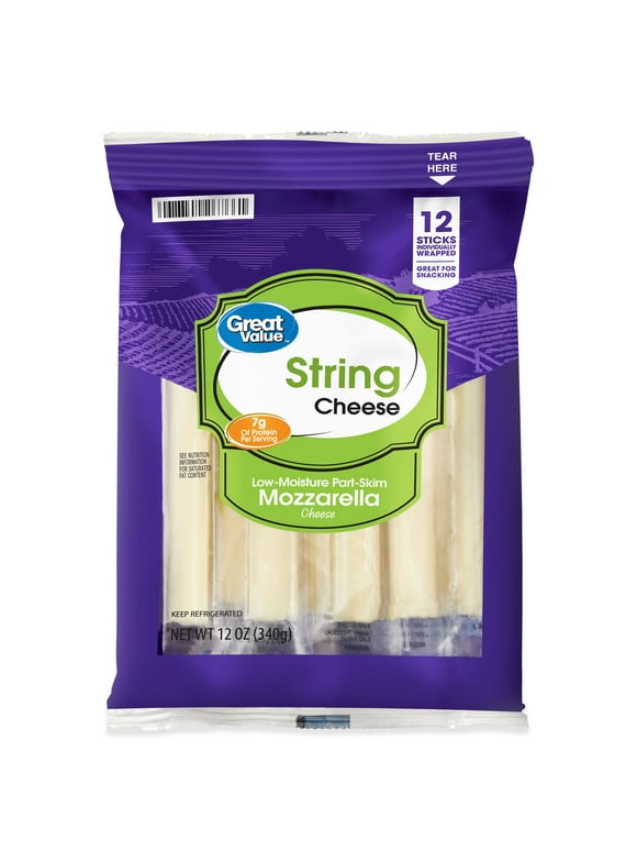 Great Value String Low-Moisture Part-Skim Mozzarella Cheese, 12 oz Bag, 12 Sticks
