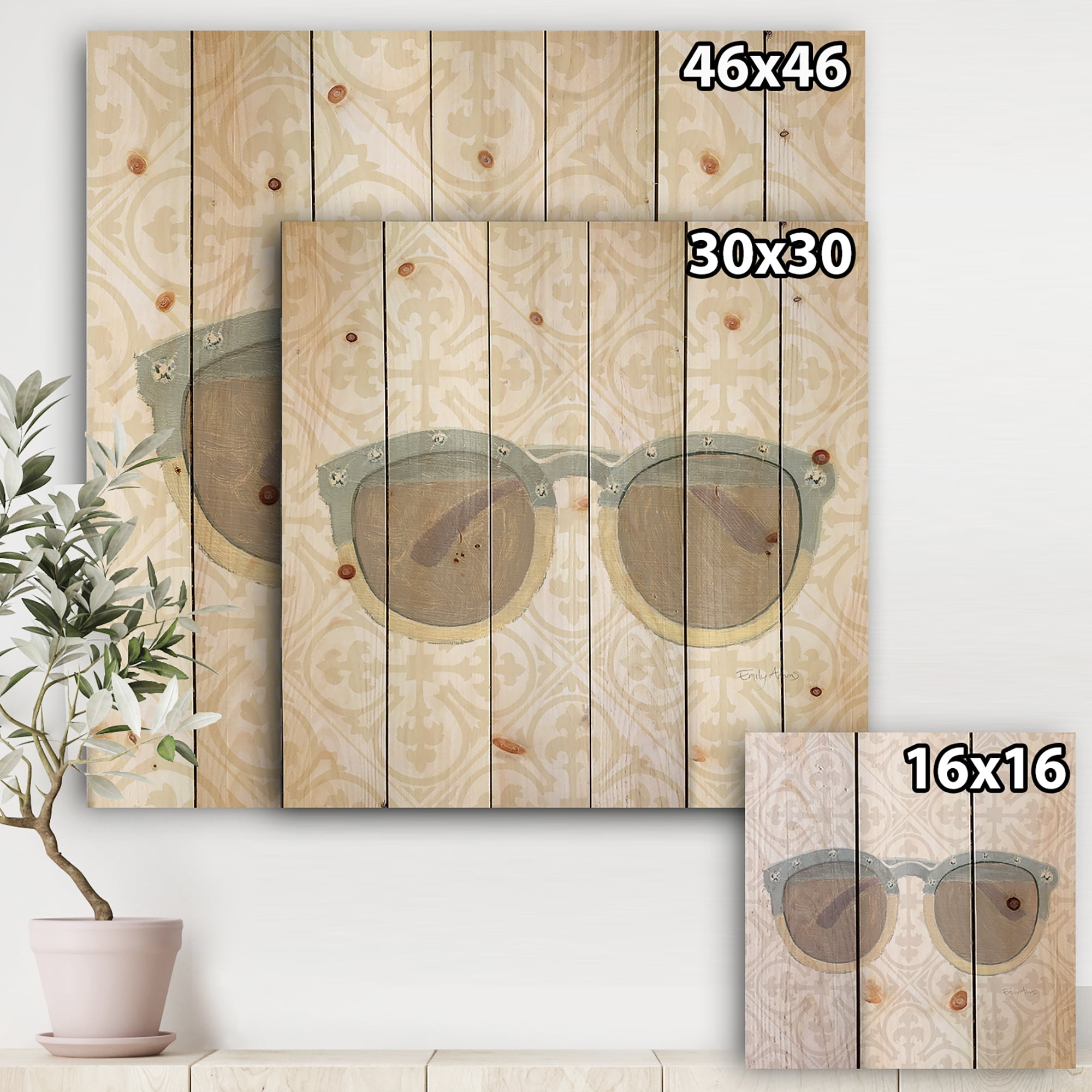 Designart 'Glam cosmetics Blue Sun Glasses' Posh & Luxe Print on Natural Pine Wood