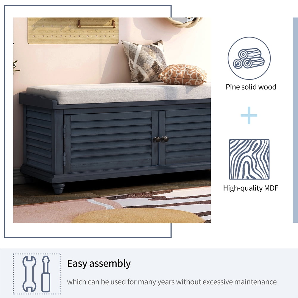 Lowestbest Storage Bench with Removable Cushion, Louver Design Wooden Shoe Bench for Entryway Living Room Bedroom (Navy Blue) Lowestbest Storage Bench with Removable Cushion, Louver Design Wooden Shoe Bench for Entryway Living Room Bedroom (Navy Blue)