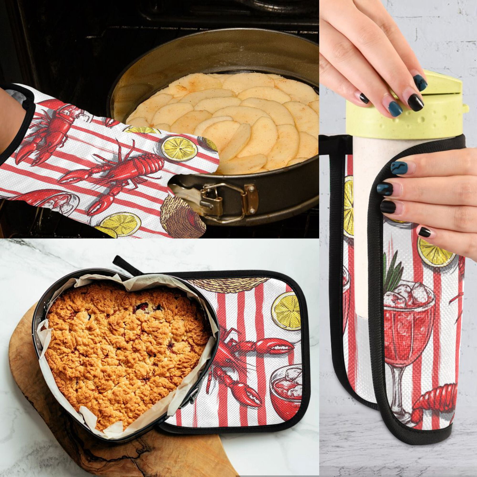 Yayeee Oven Mitts and Pot Holder Set of 4 Heat Resistant Kitchen Gloves Baking Hot Pad, Red Lobster