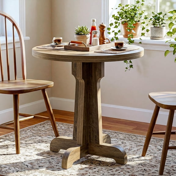 Finmind 23.6" Small Round Dining Table, Modern Farmhouse Circle Table for 2, Space-Saving for Dining Room, Bar, Cafe, Apartment, Brown