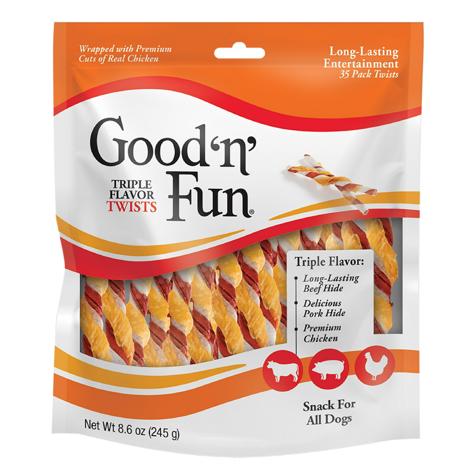Good 'n' Fun Triple Flavor Twists, Rawhide Chews for All Dogs, 35 Count