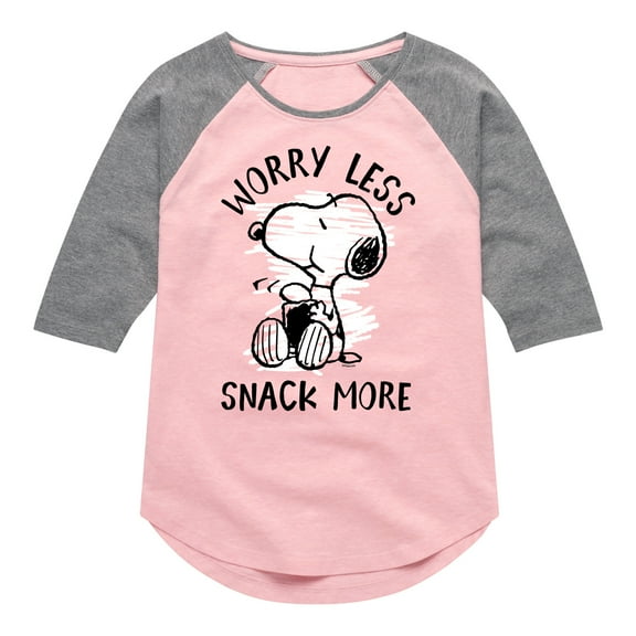 Peanuts - Worry Less Snack More Snoopy - Toddler & Youth Girls Raglan Graphic T-Shirt