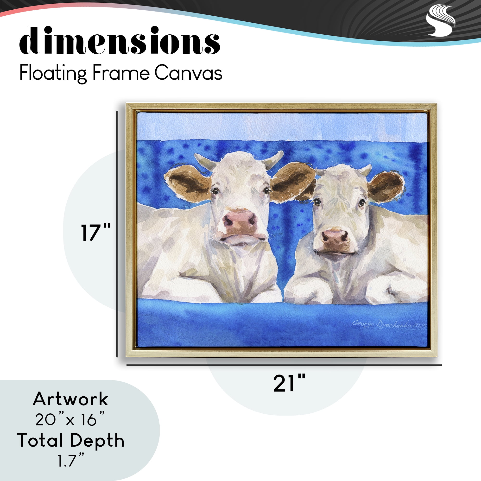 Stupell Industries White Cows on Blue Sofa Gold Framed Floater Canvas Wall Art, design by George Dyachenko