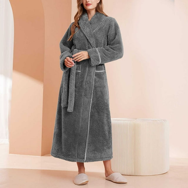 Hot6sl Liquidation d'Économies d'Été Peignoirs, Peignoir Long à Col Épaissi Confortable pour Femmes, Chemise de Nuit Tenue d'Intérieur, Pyjama en Polyester pour Femmes/gris Foncé, m